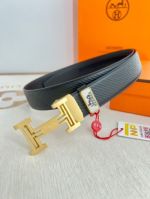 1:1  Hermes  Black Leather Belt  with Gold 'H' buckle Automatic Buckle 3.5cm